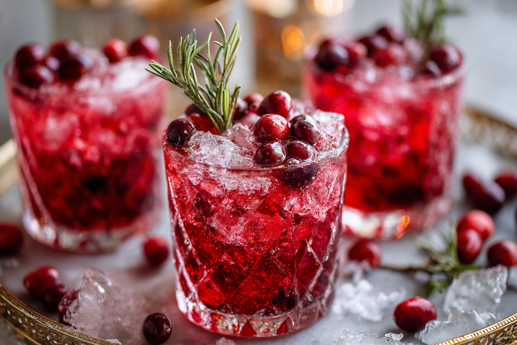 Cranberry bourbon smash cocktail with rosemary garnish