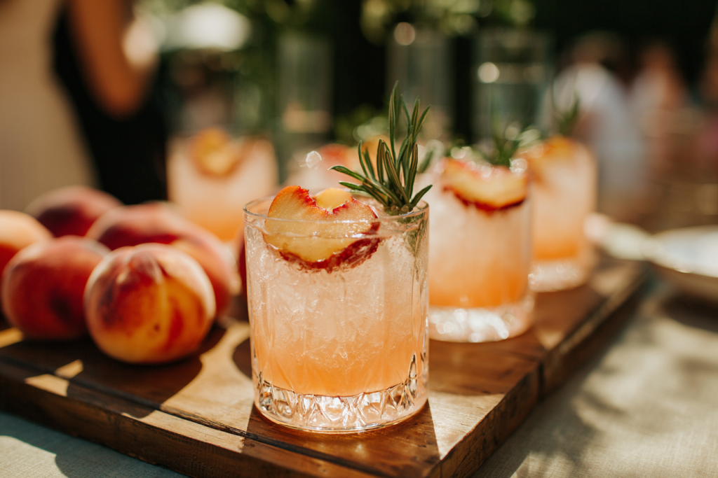Georgia peach cocktail garnished with fresh fruit