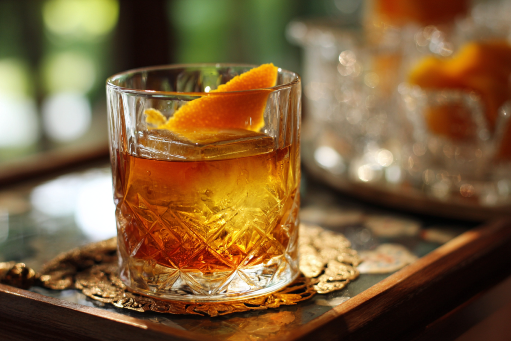 The Old Fashioned cocktail with orange peel and cherry