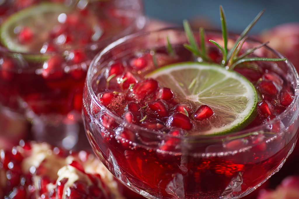 Pomegranate champagne punch with rosemary garnish and floating pomegranate seeds