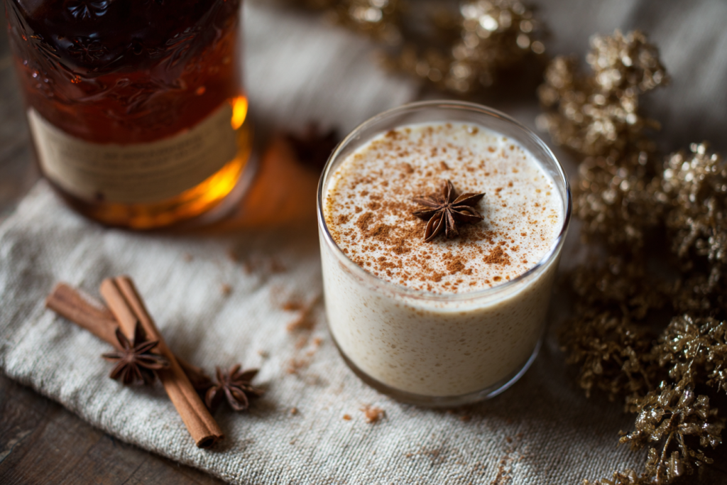 Spiced rum eggnog with freshly grated nutmeg and cinnamon stick
