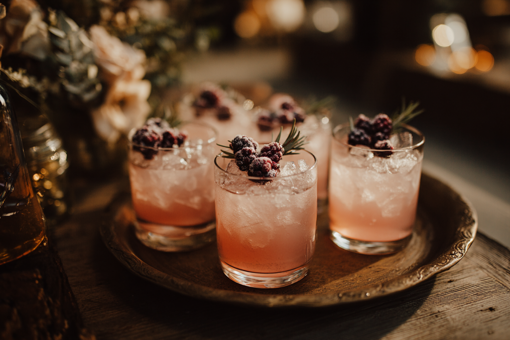 Elegant winter wedding cocktail display with seasonal garnishes